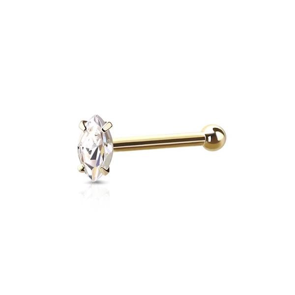 Clear Marquise Shape Prong Set Gold Nose Bone Stud - 1202 Body Jewelry