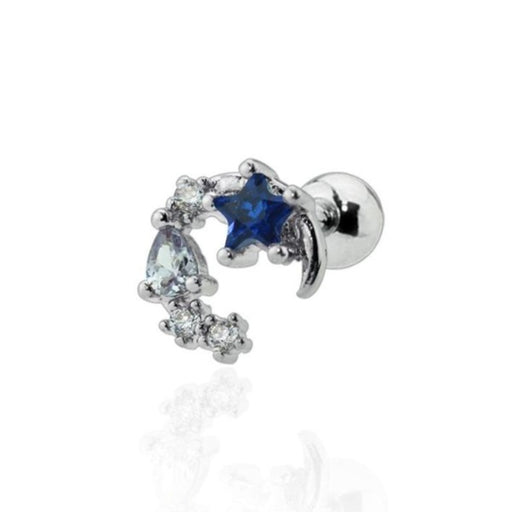 Silver Moon With Blue CZ Star Gem Cartilage Barbell - 1202 Body Jewelry