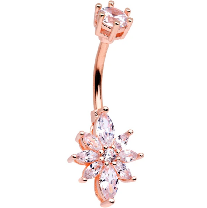 Clear Gem Rose Gold Flower Navel Ring - 1202 Body Jewelry