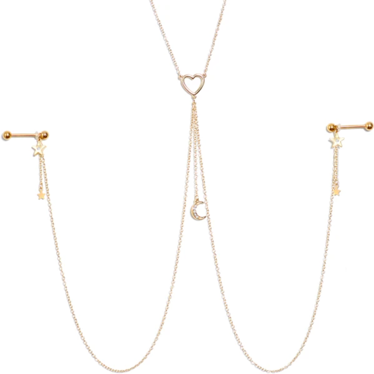Clear Gem Gold Tone Heart Star Nipple Chain Necklace 1202 Body Jewelry