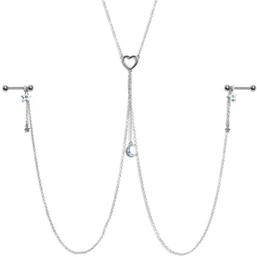 Blue Gem Moon Heart Star Nipple Chain Necklace - 1202 Body Jewelry