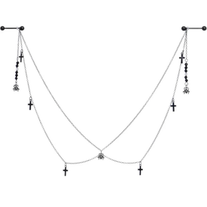 Black Gem Spider Cross Halloween Dangle Nipple Chain - 1202 Body Jewelry