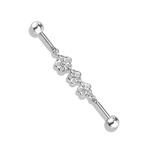 Silver Triple Crystal Center Flower Chain Industrial Barbell - 1202 Body Jewelry