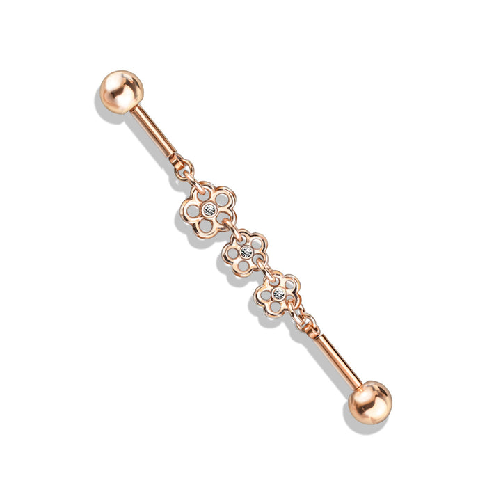 Triple Crystal Center Flower Chain Industrial Barbell