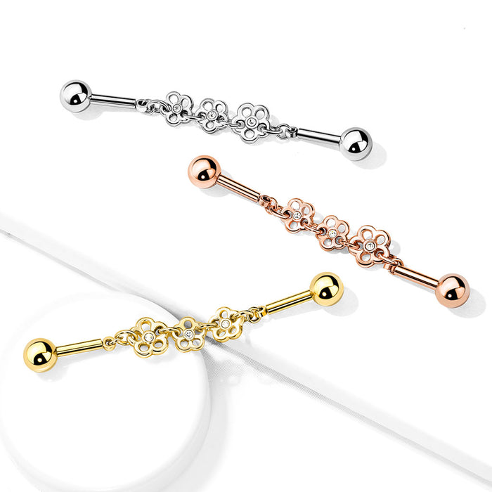Triple Crystal Center Flower Chain Industrial Barbell