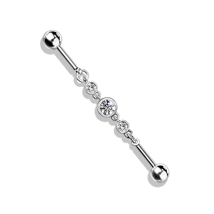 Triple Round CZ Chain 316L Surgical Steel Industrial Barbell - 1202 Body Jewelry