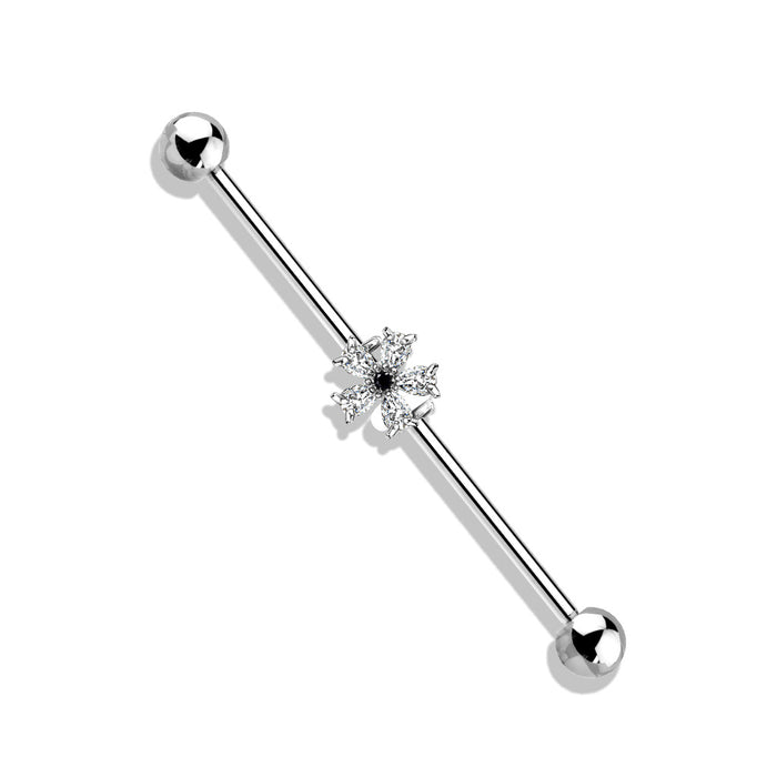 Black CZ Centered Five Pear CZ Flower Silver Industrial barbell - 1202 Body Jewelry