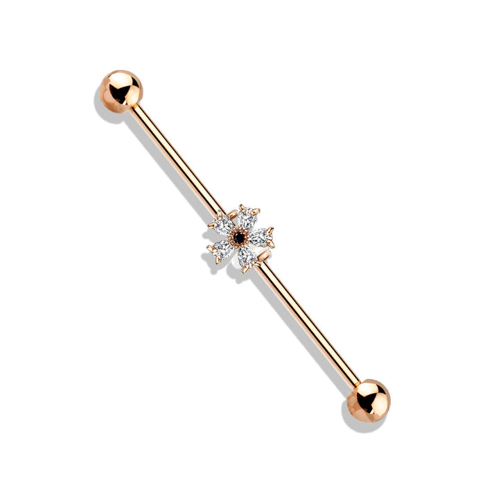 Black CZ Centered Five Pear CZ Flower Industrial barbell