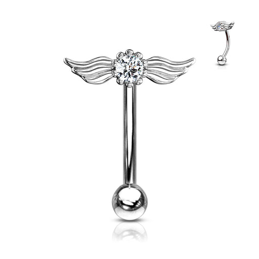 Silver Round Crystal with Angel Wings Top Curved Barbells - 1202 Body Jewelry