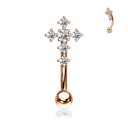 Rose Gold CZ Paved Cross Top Curved Barbells - 1202 Body Jewelry