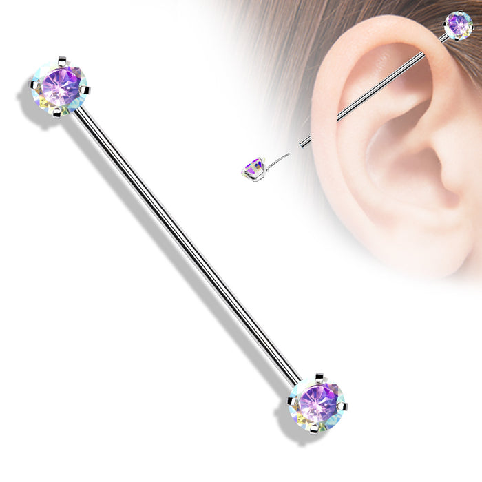 Aurora Push in Industrial Barbells with Prong Set CZ Ends - 1202 Body Jewelry