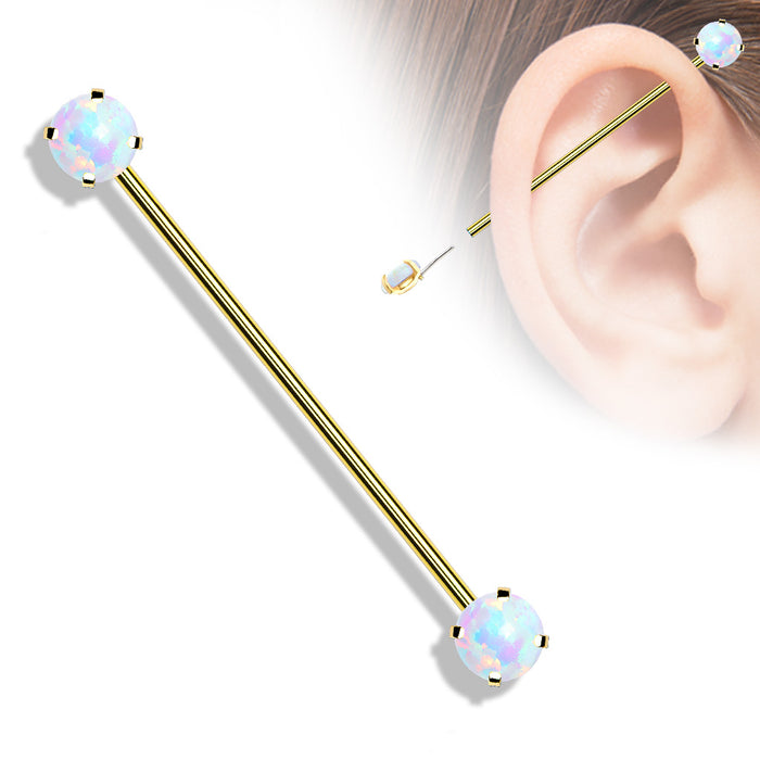 Push in Industrial Barbells with Prong Set Opal Ends