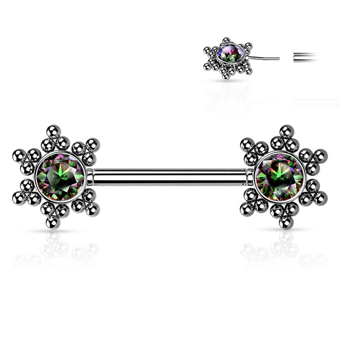 Threadless Push In Nipple Barbell with CZ Center Star Cluster On Each Side