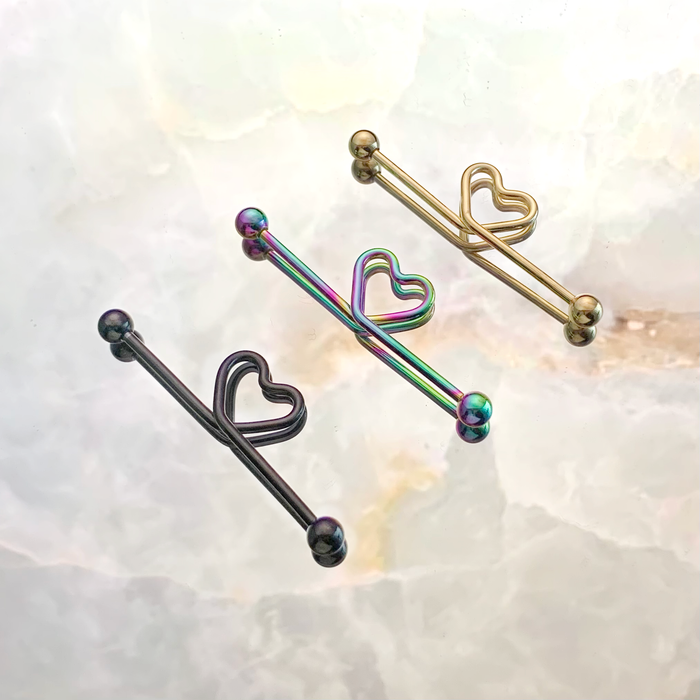 Gold heart shape in the middle Industrial Barbell - 1202 Body Jewelry