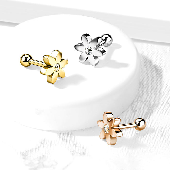 Flower with CZ Solitaire Cartilage Tragus Barbell Studs
