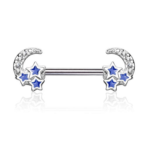 CZ Paved Crescent Moon with 3 Blue Stars Nipple Ring - 1202 Body Jewelry
