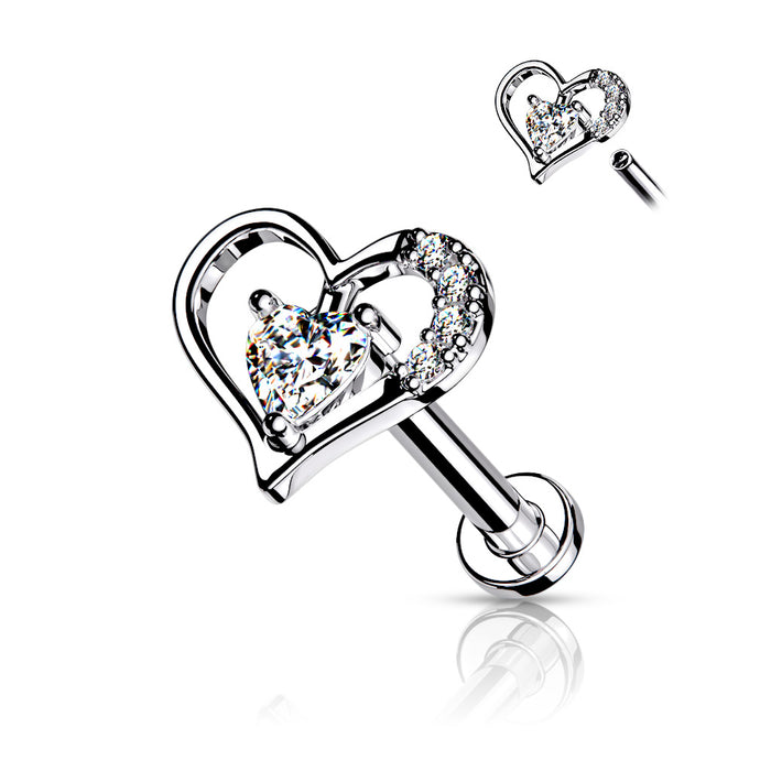 Paved Heart Contour with Heart CZ Solitaire on Internally Threaded Flat Back Studs