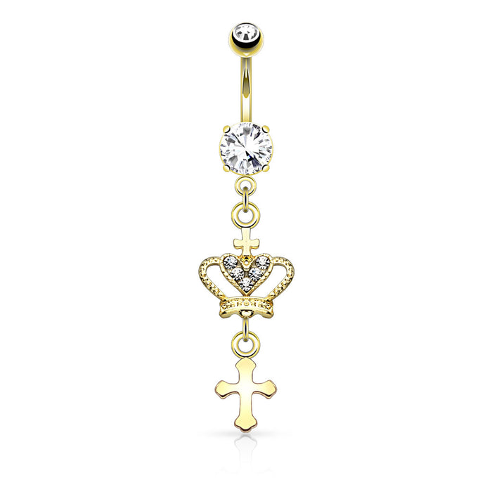 Crown with Heart CZ Cross Dangle Navel Ring