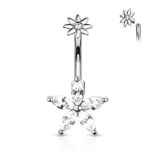 Silver 5 Marquise CZ Petals Flower CZ Center Navel Ring - 1202 Body Jewelry