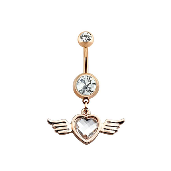 Rose Gold Heart Angel Wing Double Gem Navel Ring - 1202 Body Jewelry