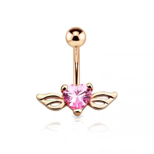 Rose Gold Angel Wing Prong Set Heart CZ Navel Ring - 1202 Body Jewelry