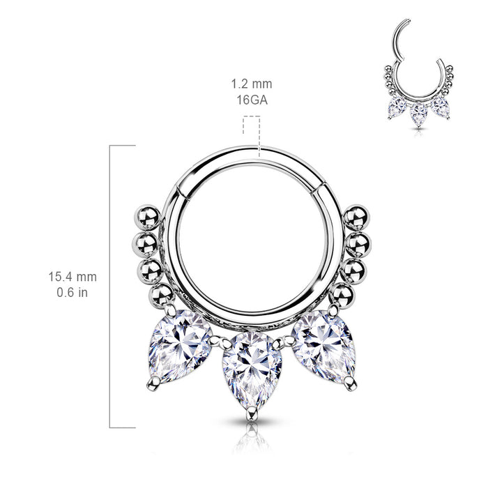 High Quality Precision All Hinged Segment Hoop with 3 Prong Set Pear CZ and beads