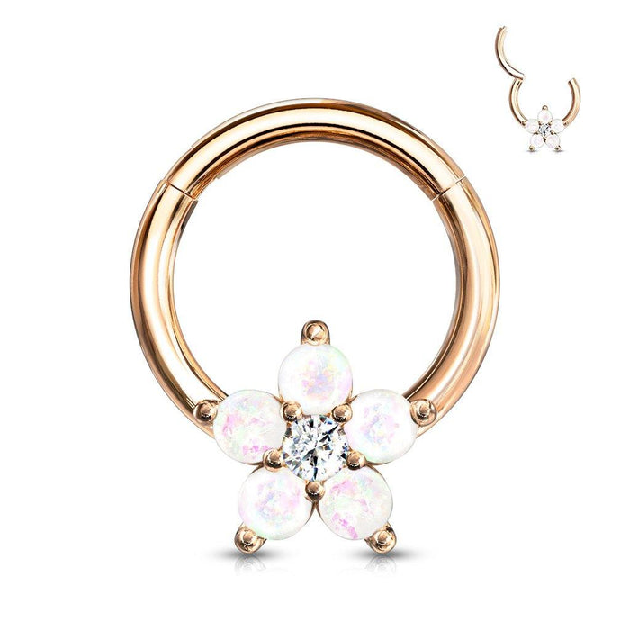 White Opal Glitter Flower Centered Rose Gold Clicker - 1202 Body Jewelry