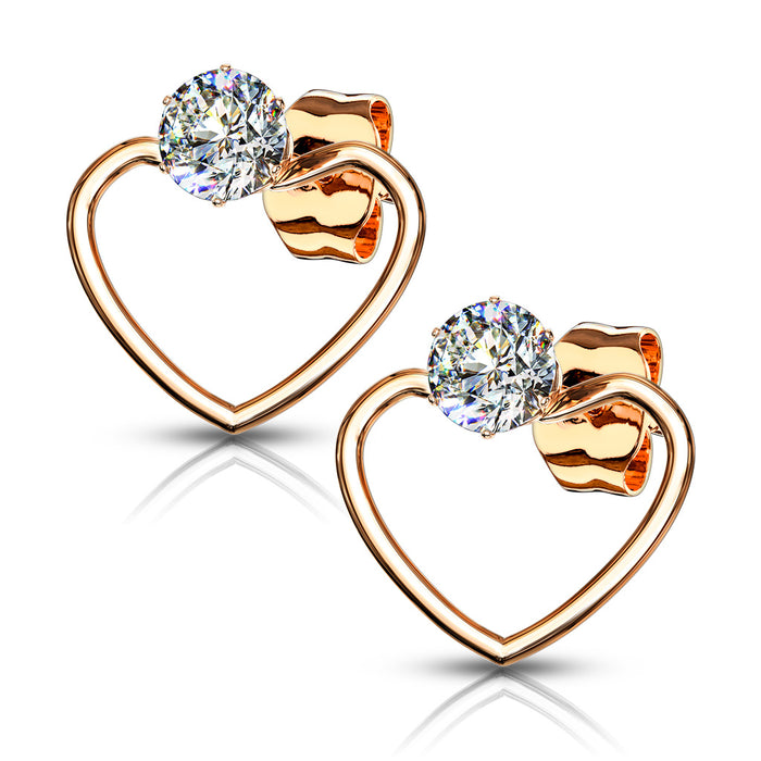 Pair of Round Clear CZ with Heart Hoop Stud Earrings