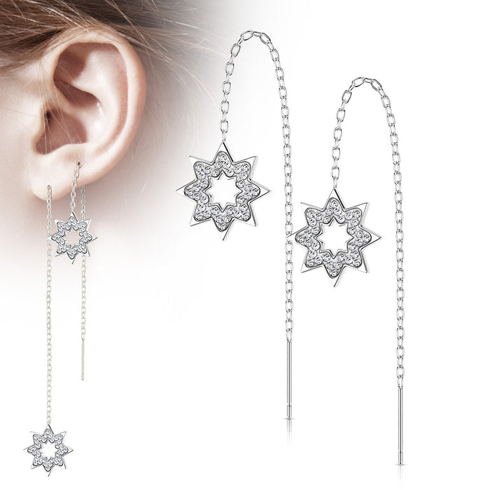 Pair of Free Falling Threader Earrings with Crystal Paved on a Snowflake