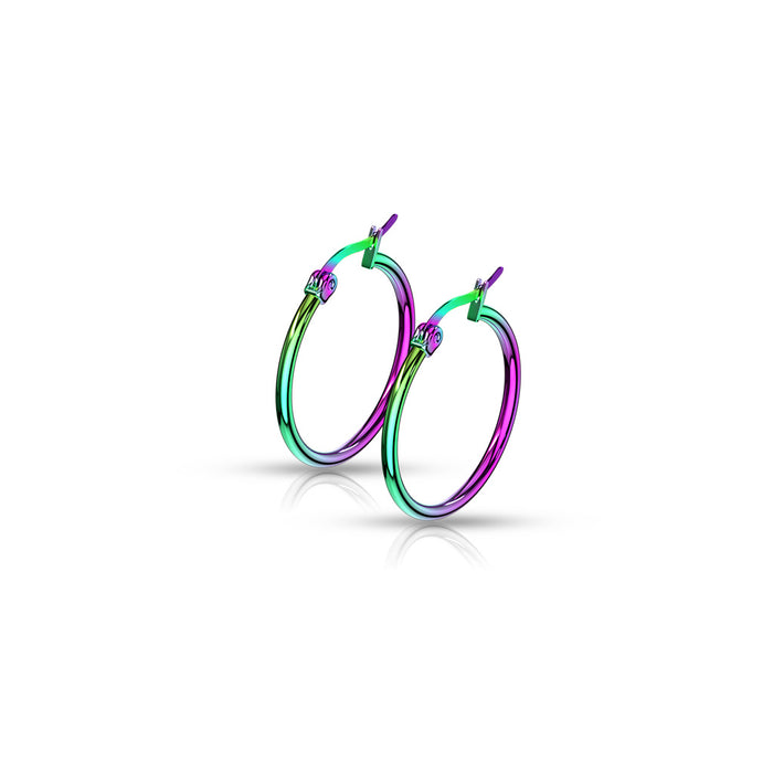 Pair of Rainbow Anodized 316L Stainless Steel Round Hoop Earrings