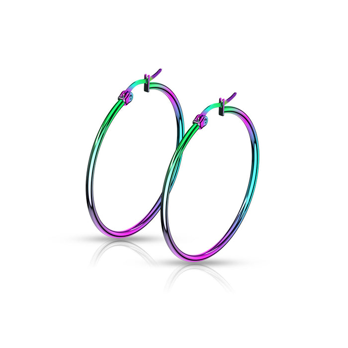 Pair of Rainbow Anodized 316L Stainless Steel Round Hoop Earrings