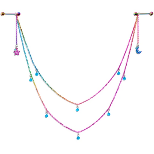 Blue Gem Rainbow Moon Star Double Dangle Nipple Chain - 1202 Body Jewelry