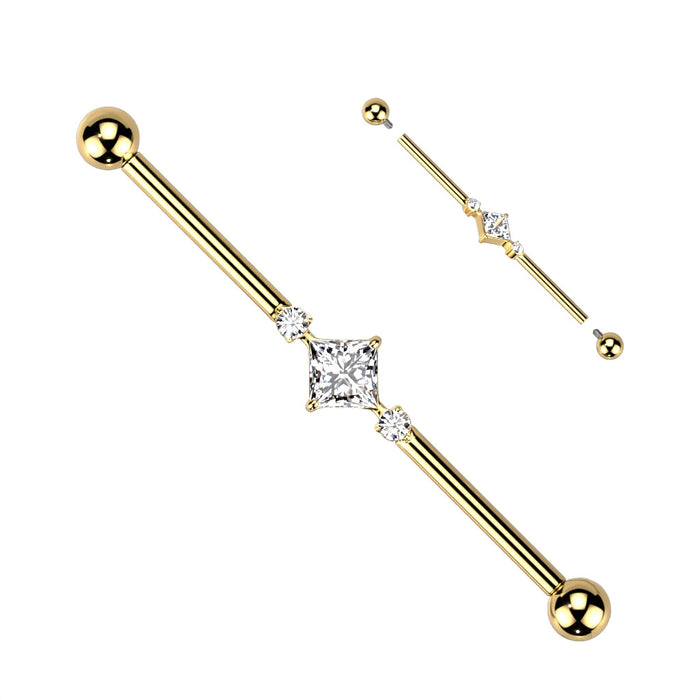 Internally Threaded Industrial Barbell With Square CZ Center and 2 Round CZs