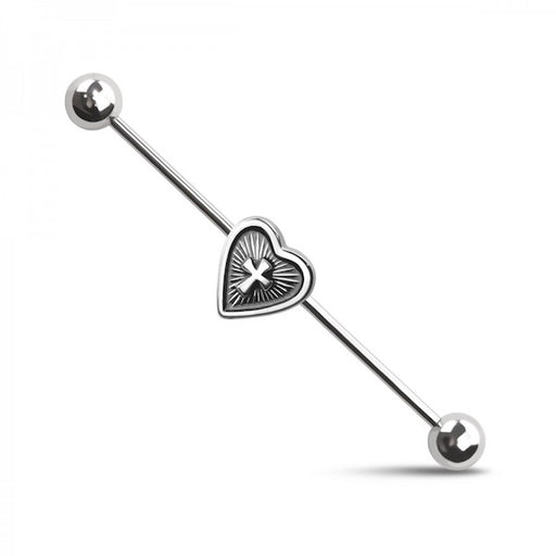 Silver Heart Cross Centered Industrial Barbell - 1202 Body Jewelry