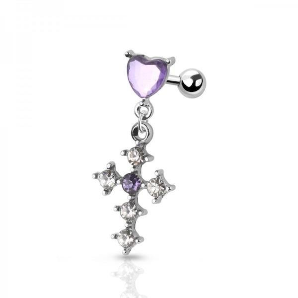 CZ Decorated Cross Charm Dangle heart Cartilage - 1202 Body Jewelry